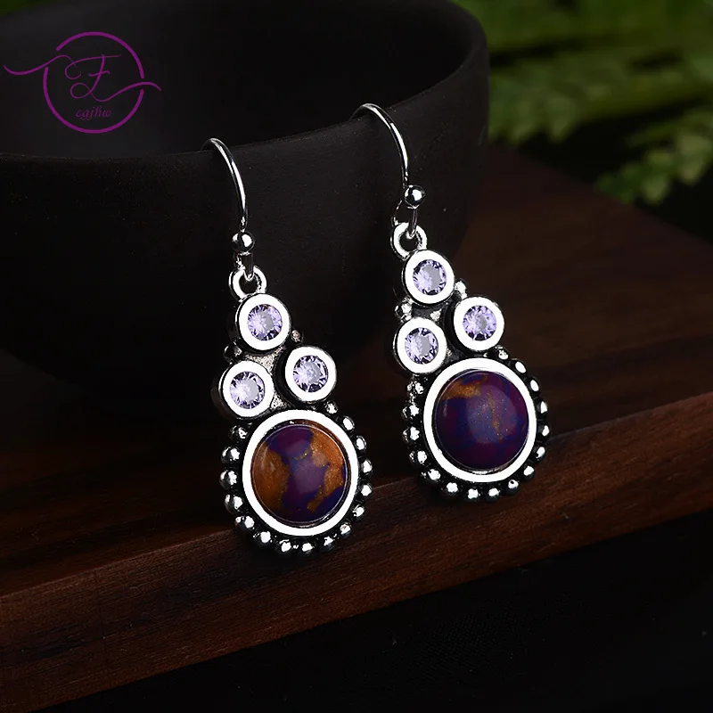 Ретро S925 Серебряные серьги Charoite Женские Модные фиолетовые круглые из