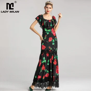 

Women's Runway Designer Dresses Scoop Neckline Ruffles Floral Printed Lace Trim Patchwork Fashion Casual Long Mermaid Dress
