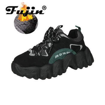 

Fujin Women Sneakers Winter Plush Keep Warm Platform Round Toe Mixed Colors Cross Tied Fashion Leisure Breathable Women Shoes