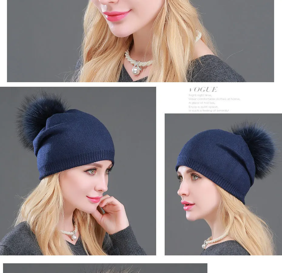 High Quality Women Dual layer Wool Knitted hats with big Real Fur Pompoms Warm Slouchy beanies hat ladies Fashion Skullies