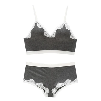 

Deep V Plunge Wireless Bra with Lace Top Bra Broadside No Closure Hipster Panty Set Underwear Women Lingerie Soft Comfortable