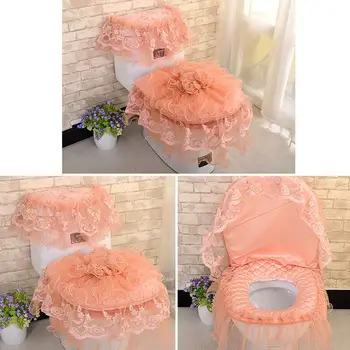 

Elegant 3pcs Lace Designed Cloth Toilet Cover Home Rug Pad Tank Lid Set