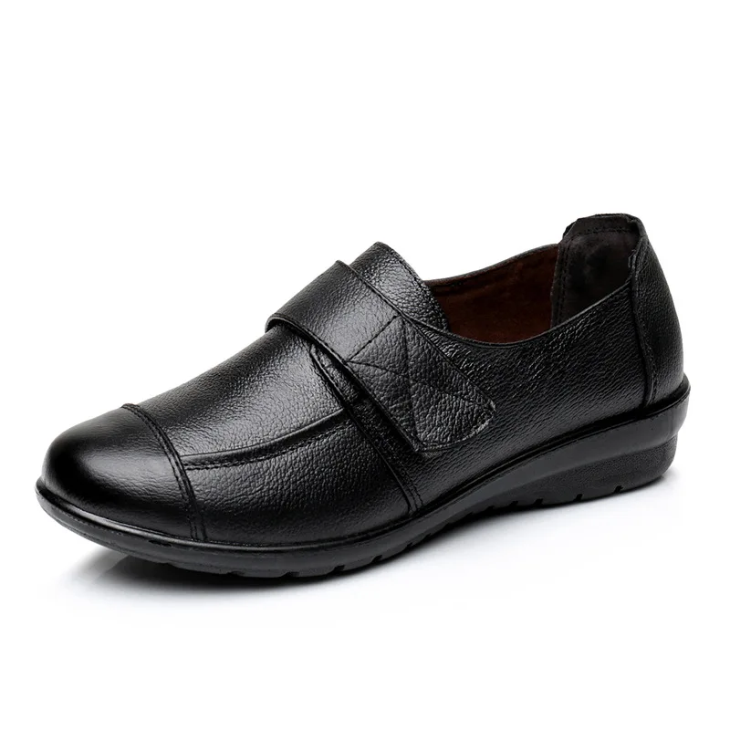 

2020 Cow Genuine Leather Women Shoes Woman Flats Round Slip on Hook & Loop Flat Shoes Mother Middle-aged Ladies Shoes Plus Size
