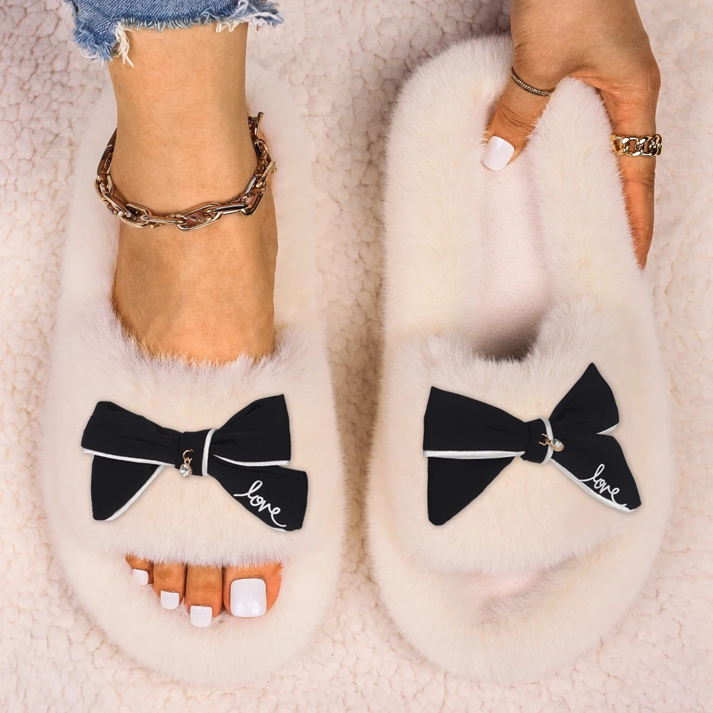 Women's Slippers Fluffy Flip Flops Bowknot Decor Furry Slides Faux Fur Indoor Slippers Ladies Cute Flat Sandals Female Fur Shoes