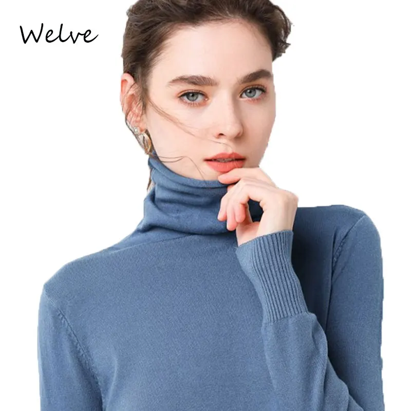 

Welve Solid color sweater wool in Women's pollovers Warm turtleneck sweater Long Sleeve Sweaters Temperament cashmere sweater