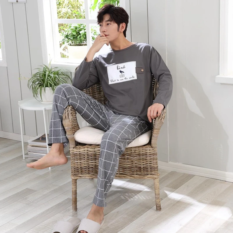

2020 Autumn Winter Cotton Pajama Set For Men Long Sleeve Cartoon Pyjama Casual Plaid Pants Homewear Male Loungewear Home Clothes
