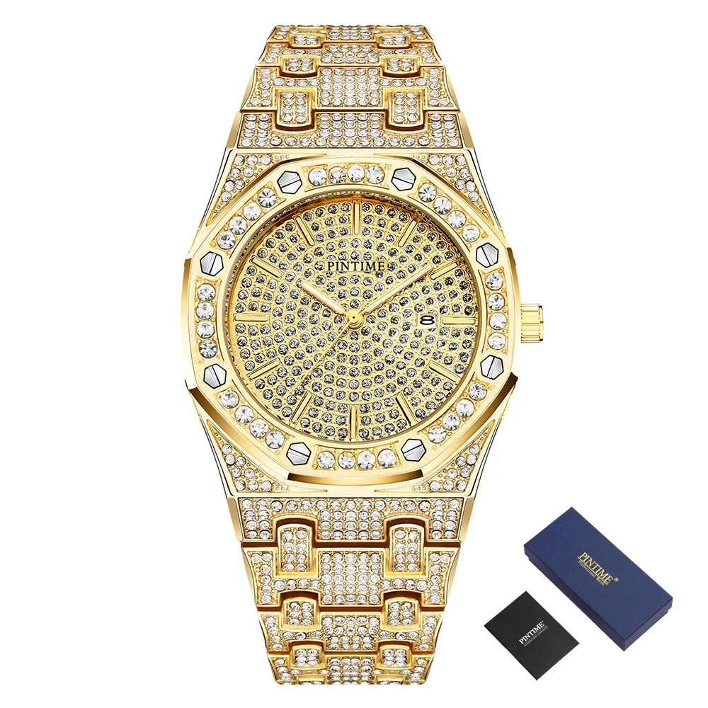 Новинка, мужские часы, Топ бренд, Роскошные, Iced Out часы, золото, алмаз, часы для мужчин, квадратные Кварцевые водонепроницаемые наручные часы, Relogio Masculino - Цвет: Gold With Box