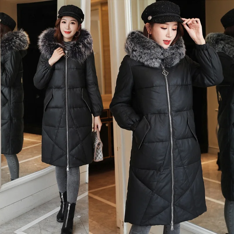 

2019 Winter New Style Haining PU Leather down Jacket Cotton-padded Clothes Women's Medium-length Raccoon Fur Collar Thick over-t