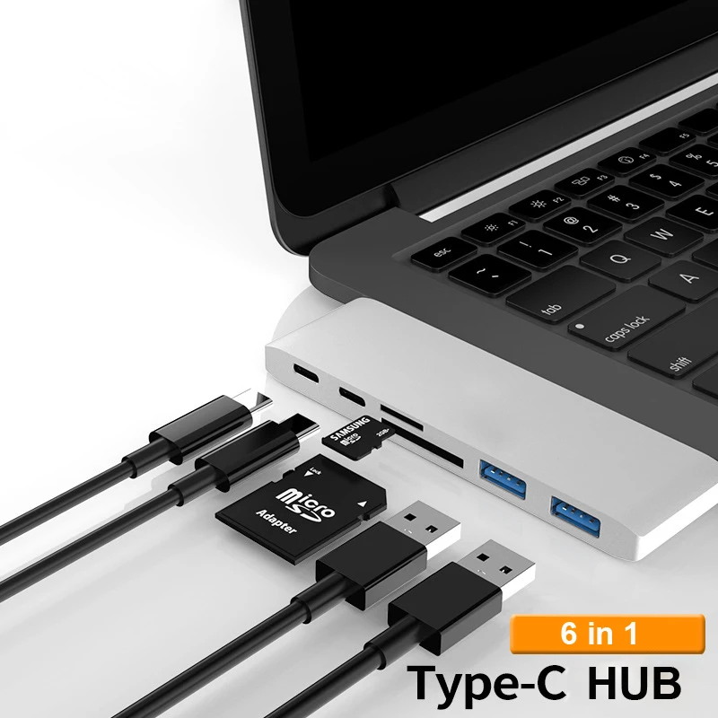 USB 3,1 Тип-C USB концентратор с 2 портами(стандарт 3,0 Порты TF/SD кард-ридер USB-C PD USBC 40 Гбит/с 6 в 1 Алюминий Тип C HUB адаптер для MacBook Pro