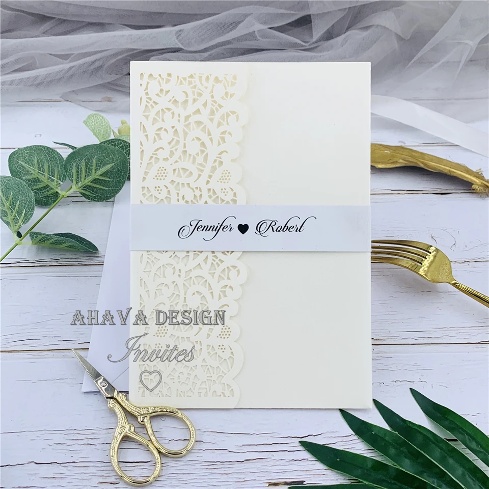 

Popular Ivory Tri-fold Lace Laser Cut Wedding Invite With Belly Band And RSVP Card