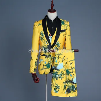 

Men's Wear Suit Waistcoat Three-piece Set Performance Clothing Yellow Printing Crane Dress Male Host Slim Fit Suit Shadow
