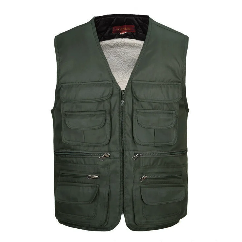 Fleece Winter Vest Mens Multi Pockets Spring Autumn Waistcoat Photographer Fishing Casual Warm Sleeveless Jacket Plus Size 4XL fishing life jacket multiple pockets floatation vest adults buoyancy waistcoat