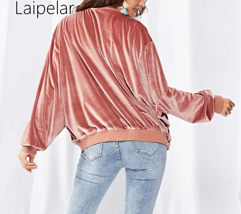 low cost  Laipelar High Street Pink Velvet Bomber Jacket Women Fashion Loose Velour Baseball Jacket Pocket Sh