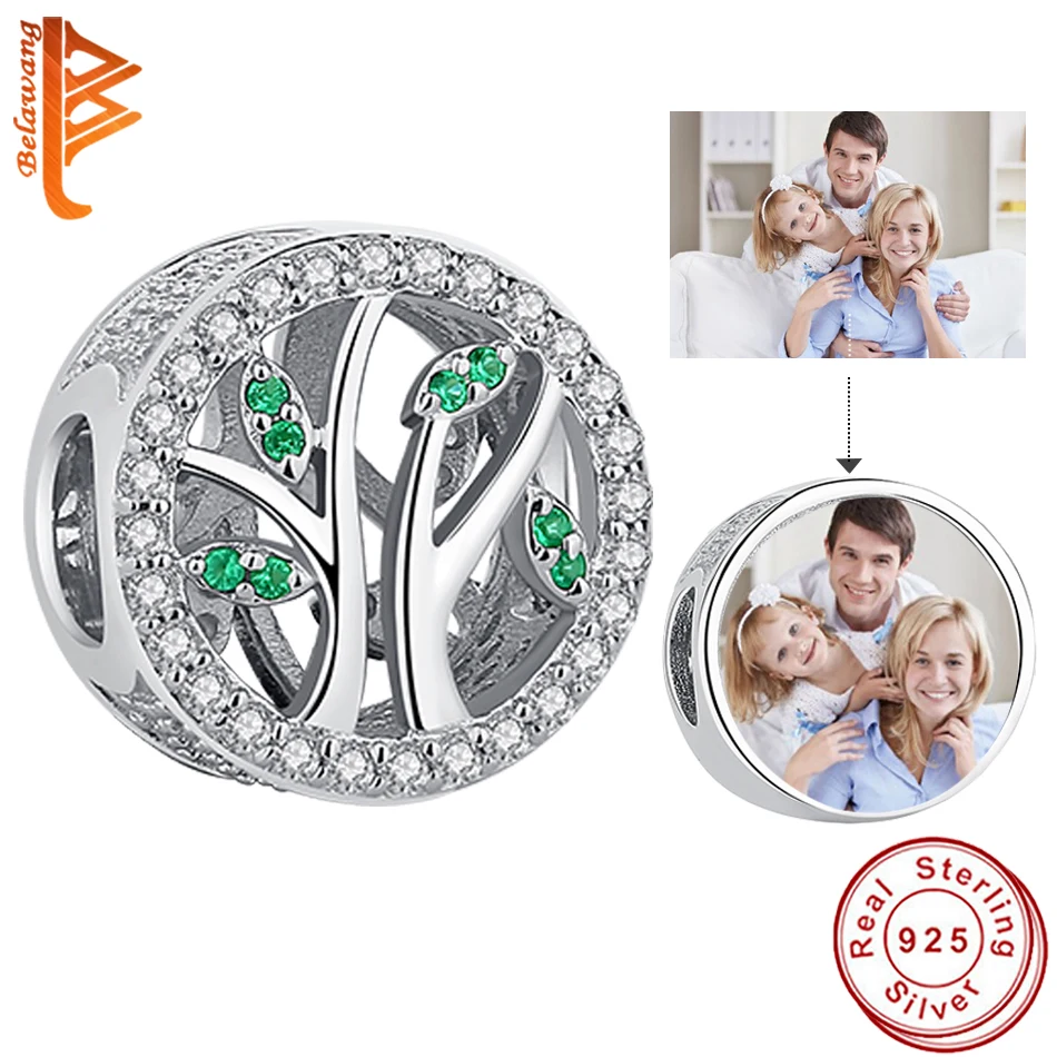 

BELAWANG Wholesale 925 Sterling Silver Family Tree Beads Customize Photo European Charm Fit Original Bracelets DIY Jewelry