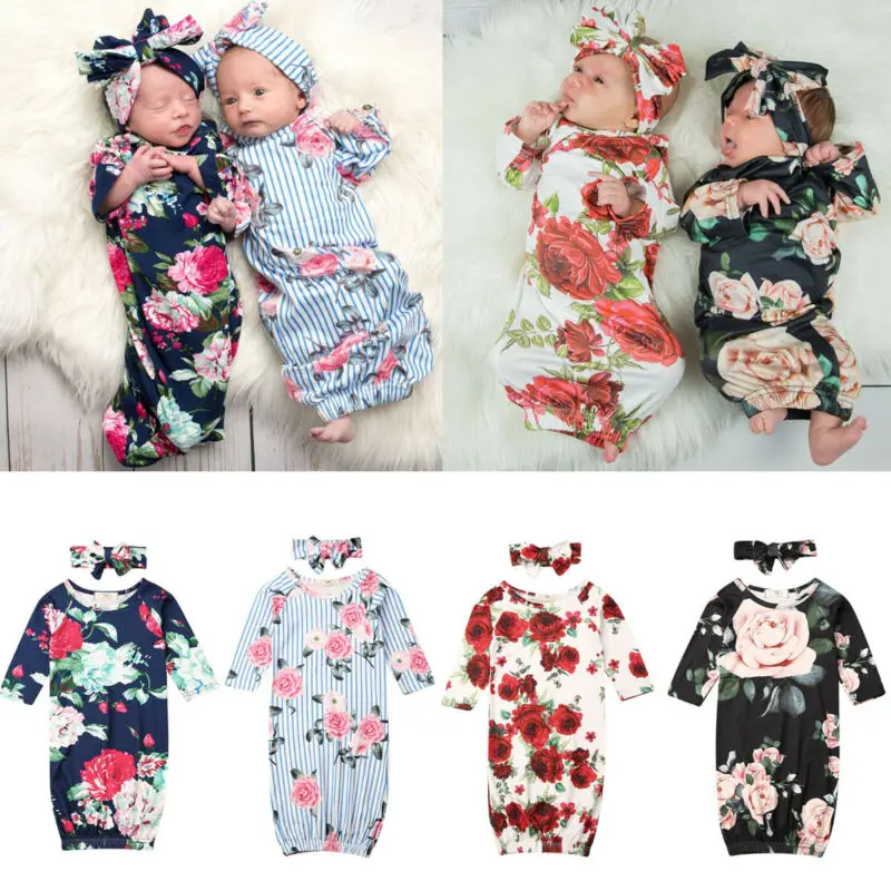 2Pcs Infant Baby Floral Striped Blanket Swaddle Wrap Swaddling Sleeping Bag+Headband Wrap Gown