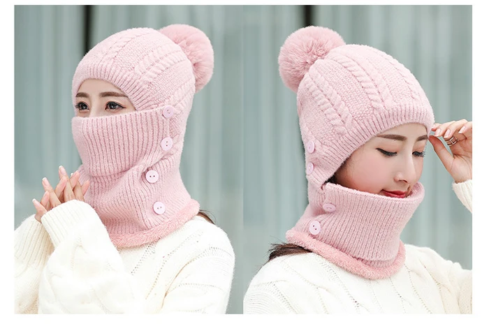 Зимние шапки, женская вязаная шапка, теплый мех, помпон, шапка Skullies Beanies для женщин, высокое качество, шапки маски для девушек,, цельная шапка