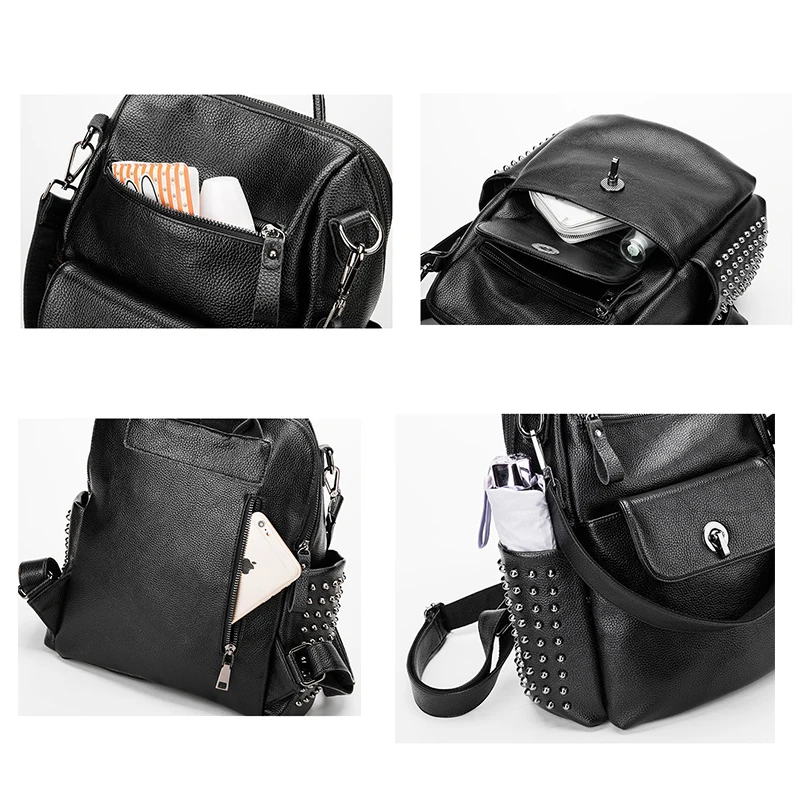 Gradosoo рюкзак с заклепками, женский роскошный рюкзак в стиле панк, школьный ранец, женские многофункциональные сумки на плечо, кожаный рюкзак для путешествий LBF617