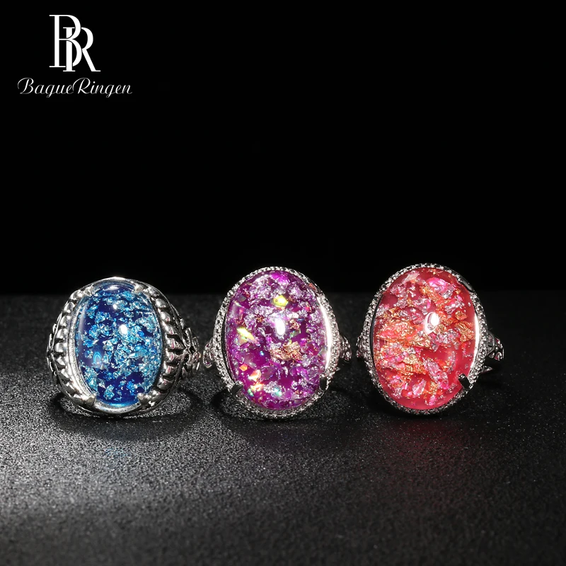 Bague Ringen, овальная форма, розовый, фиолетовый, голубой опал, серебро, 925, Ювелирное кольцо с камнями для женщин, аксессуар для женщин, подарок, вечерние