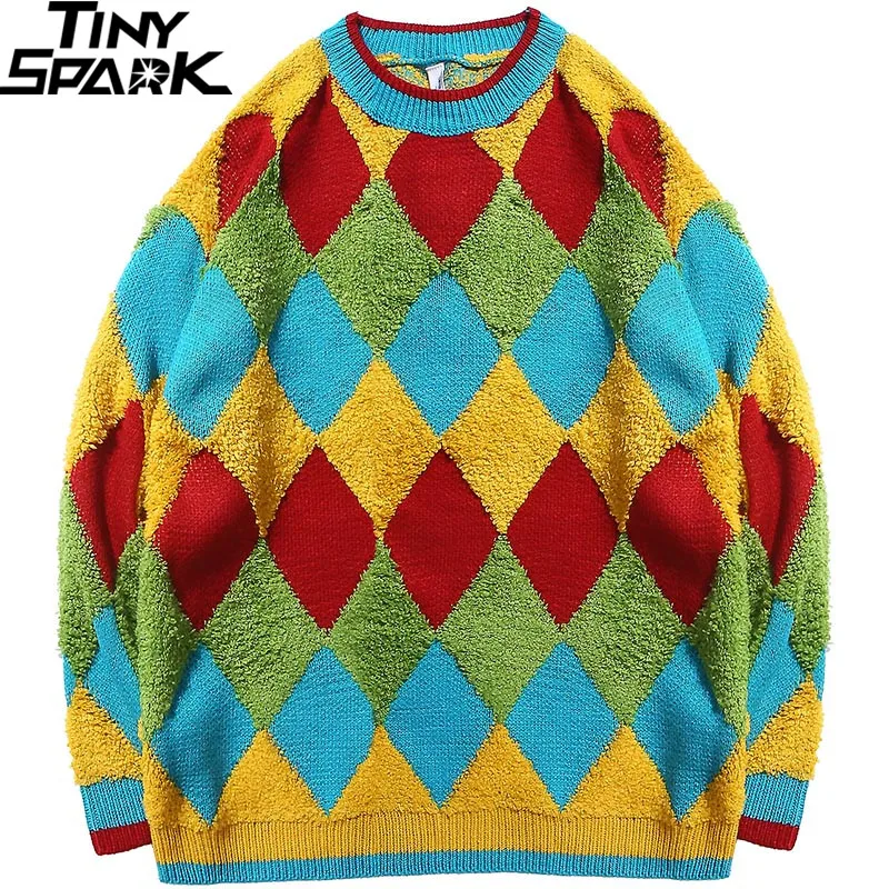 

Men Hip Hop Streetwear Sweater Bohemian Style Thick Knitted Sweater Pullover Retro Vintage Patchwork Plaid Sweater Autumn Cotton