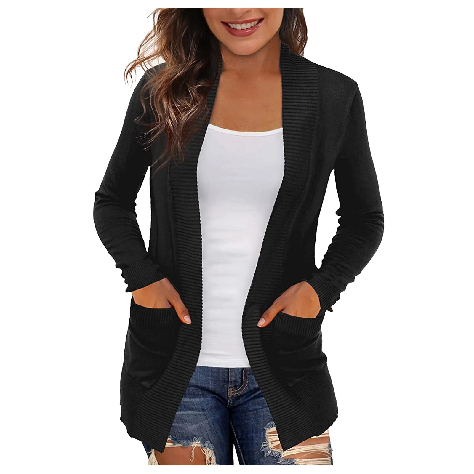Solid Women's Cardigans With Pockets Casual Lightweight Open Front Cardigan  Sweaters Winter Clothes Women Black Кардиган Женский - Cardigan - AliExpress