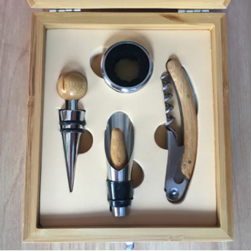 Premium Wine Tools Automatic Bottle Opener Corkscrew Bamboo Business Gift Sets For Wine Accessories 4pcs