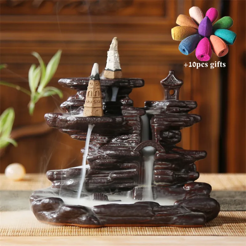 Ceramic Retro Ceramic Backflow Incense Burner Waterfall Censer Incense Holder Aromatherapy Furnace Home Decoration+ 10pcs Cones - Цвет: With 10pcs mixed-A