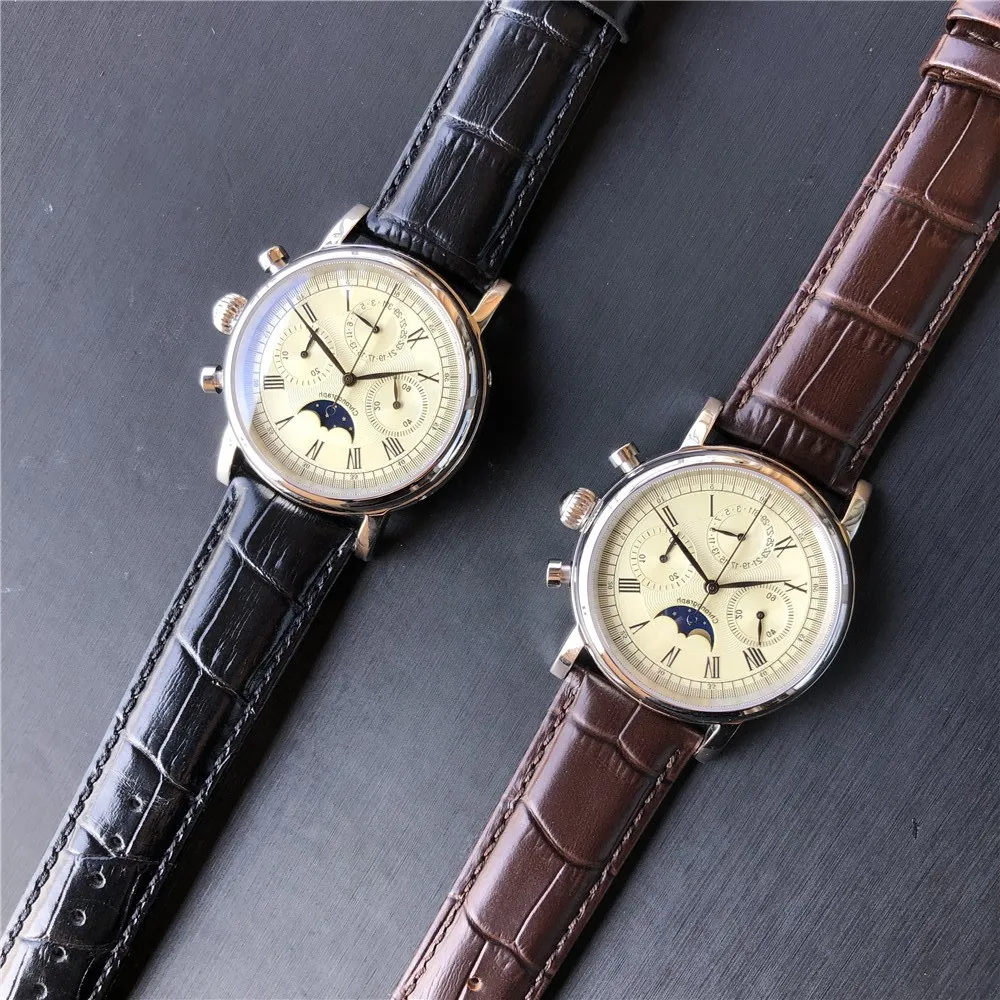 Часы с сапфировым циферблатом, пилотный хронограф,, настоящие ST1908, мужские механические часы, календарь, фаза Луны, Топ бренд