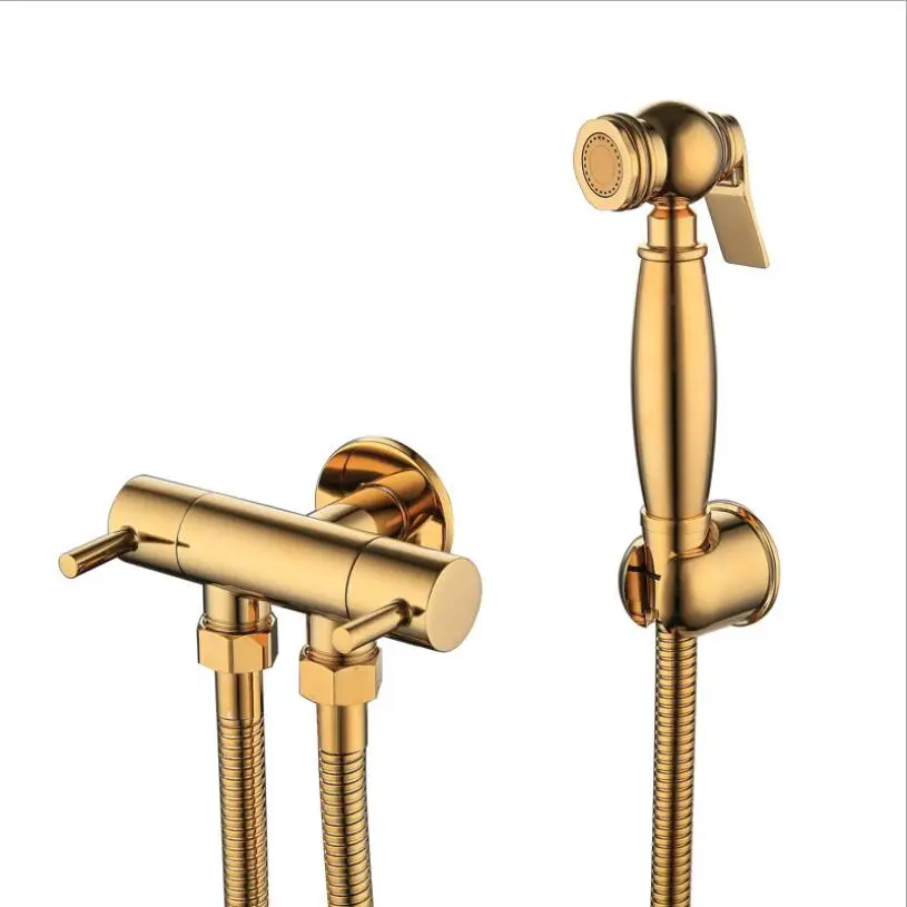 Белый Vidric Gold Brass Bathroom Hand held Bidet Sprayer Faucet Spray Gun& Holder Hose Connector&1.5m Shower Hose with double use va - Цвет: Белый