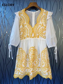 

New 2020 Summer Fashion Sexy Club Dress Ladies Sexy V-Neck Color Block Yellow Embroidery String Deco Casual White Dress Mini