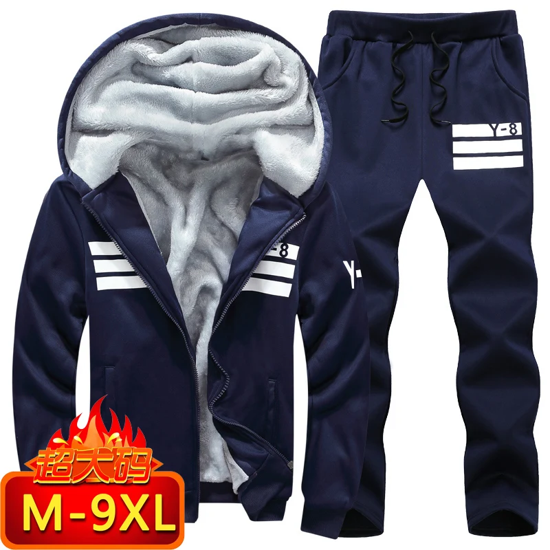 

Men Warm sportswear 7XL 8XL 9XL Men Sets winter Sporting Suit Sweatshirt + Sweatpants Mens Clothing 2 Pieces Sets Tracksuit