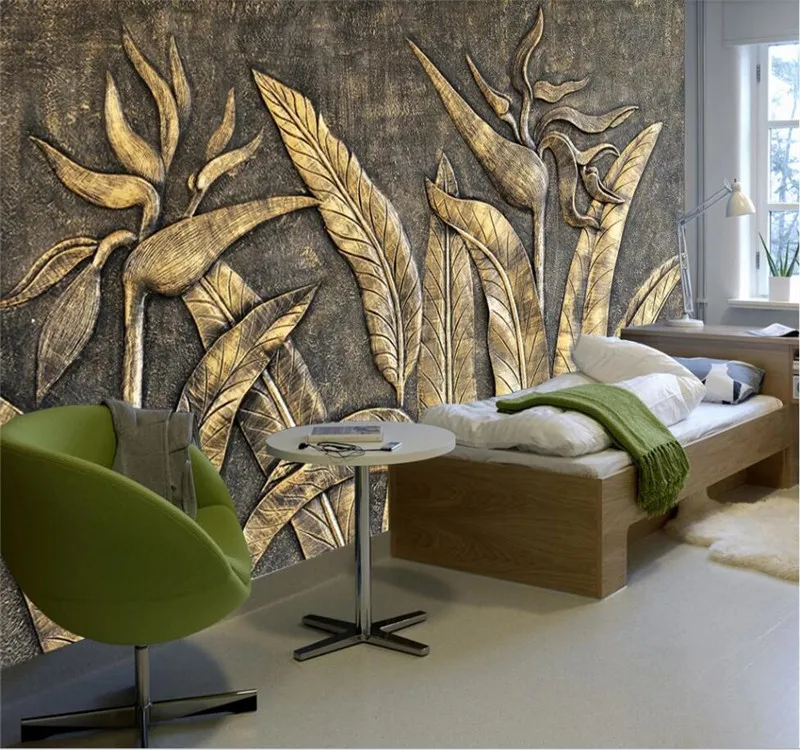 Custom wallpaper golden bird of paradise sculpture wall background high-grade waterproof material | Обустройство дома