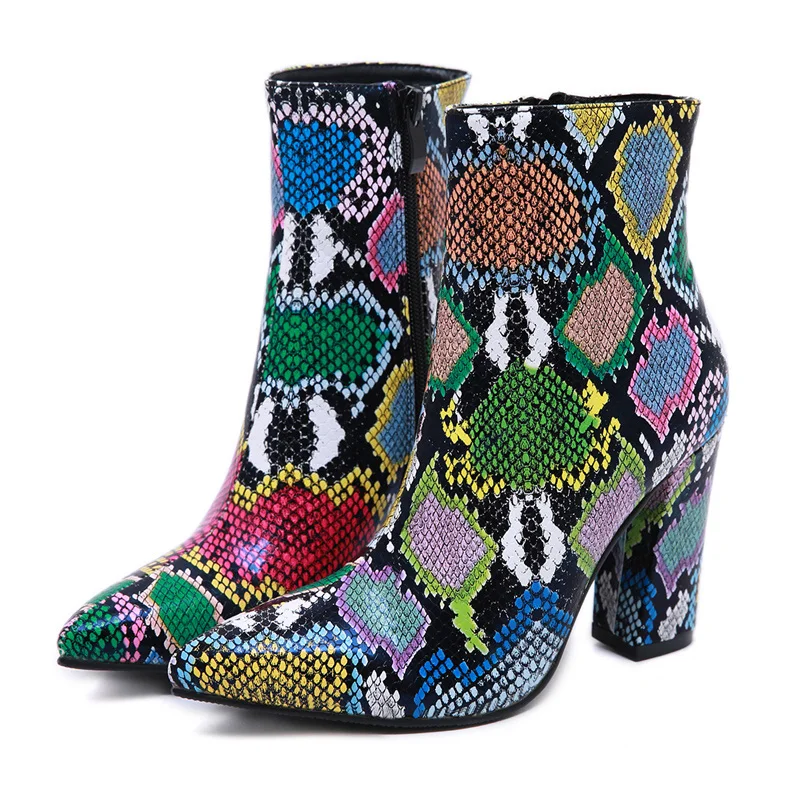 

2019 Women Ankle Snake Skin Print Boots Sexy 12cm High Heels Lady Chunky Boots Short Fall Fetish Stripper Booties Colorful Shoes