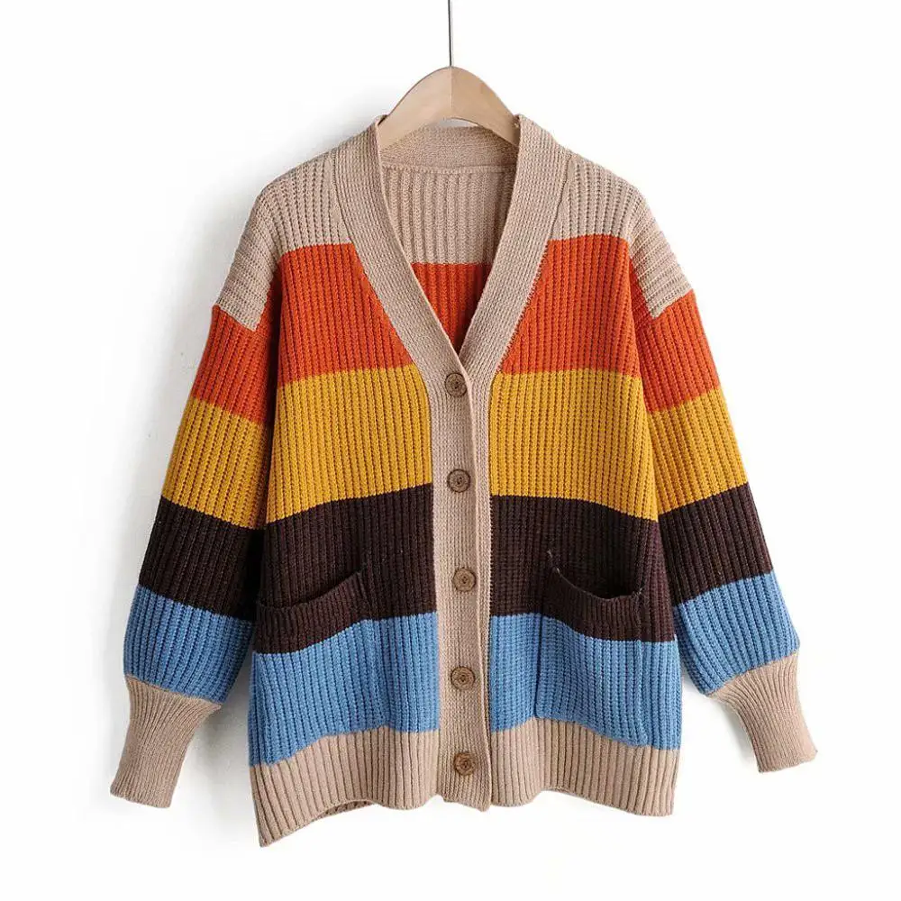 

Womens Knitting Stripe Sweater Cardigan Long Sleeve knitting Coat Tops Ladies Wooden Button V Neck Splicing Colors Sweater #15