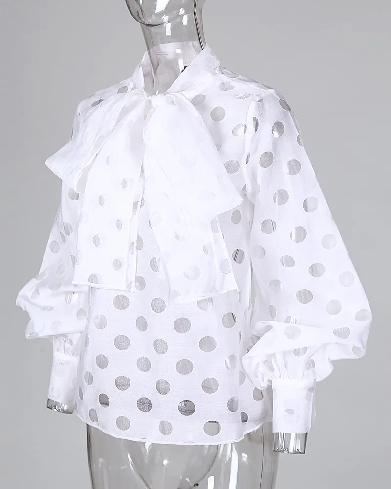 OL элегантная завязанная шея Блузка Топы рабочая одежда для женщин горошек точечный фонарь рукав Повседневная завязанная блузка