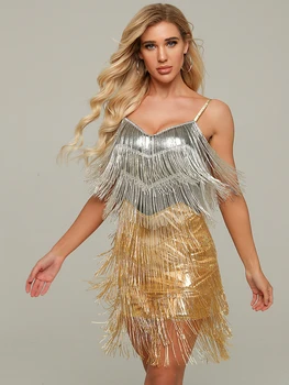 

Gold Women Sexy dresses Sling Backless Beading Tassel Celebrity stage Elegant Evening Party Show Dress