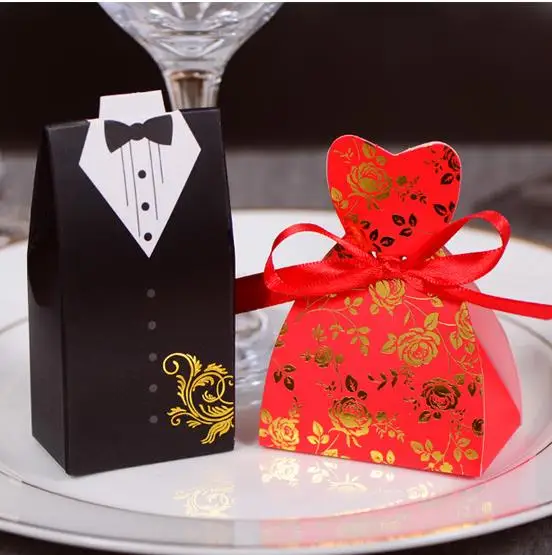 10pcs Laser Cut Candy Boxes Bags Bridal Groom Gift Cases Tuxedo Dress Gown Red Box Wedding Favors And Gifts With Ribbon | Дом и сад