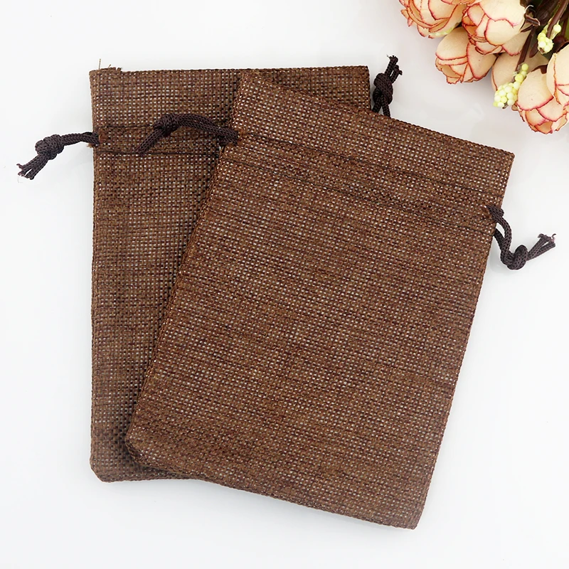 

100pcs/lot Coffee Jute Bags 7x9cm Small Wedding Drawstring Gift Bag Linen Bag Pouches Favor Jewelry Charms Packaging Bags