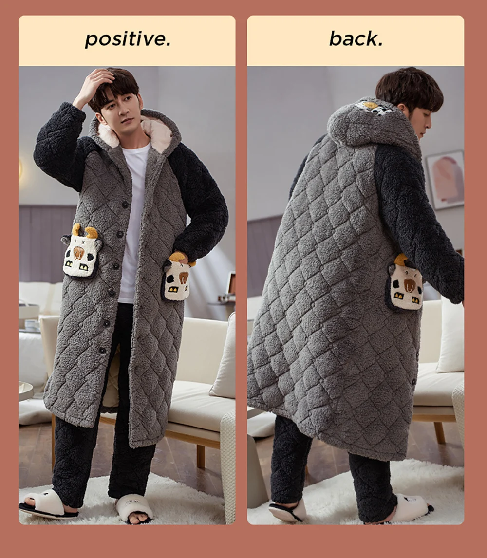 Men Terry Robe Hooded Pajama Sets Super Warm 3-layer Thick Long Bathrobe Luxury Winter Kimono Man Plaid Pajamas Embroidery Robe plus size silk pajamas