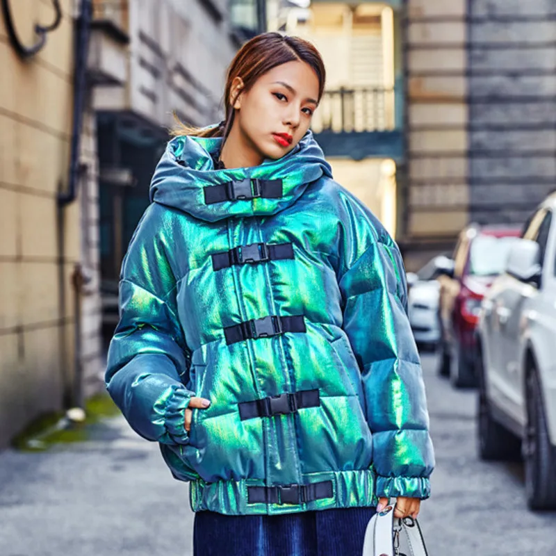 

Laser Green Winter Jacket Woman Coat Thick Warm Hooded Cotton Outwear Glossy Parka Female Plus Size Casual Snow Wear 2019 YP016
