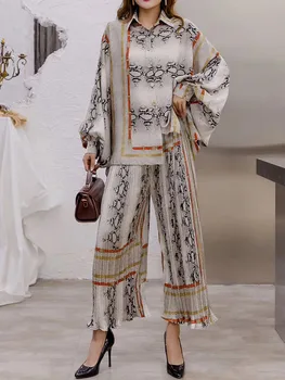 

Casual, retro, printed, loose, top shirt + stacked pants set 2020New ladies autumn, top pullover + wide leg pants 2 sets XL