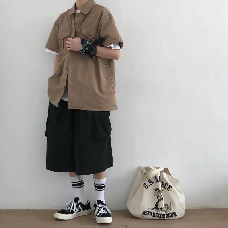 Летняя рубашка в японском ретро стиле с короткими рукавами инструментальной