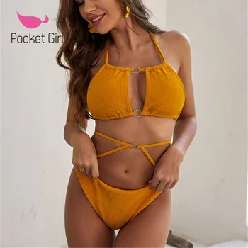 

Pocket Girl 2020 Hollow Out Bikinis Women Swimsuit Solid Push Up Swimwear Female Bikini Set Brazilian Biquini Sexy Bathing Suit