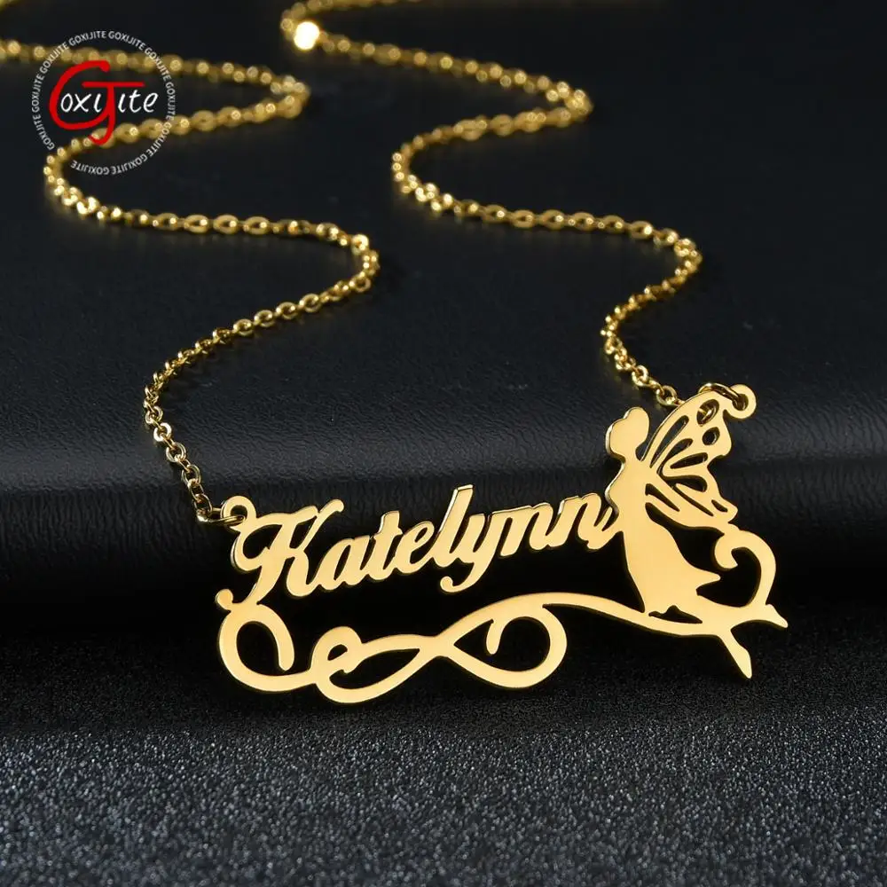 

Goxijite Personalized Name Fairy Angel Necklace For Women Stainless Steel Custom Letter Name Pendant Necklaces Jewelry Gift