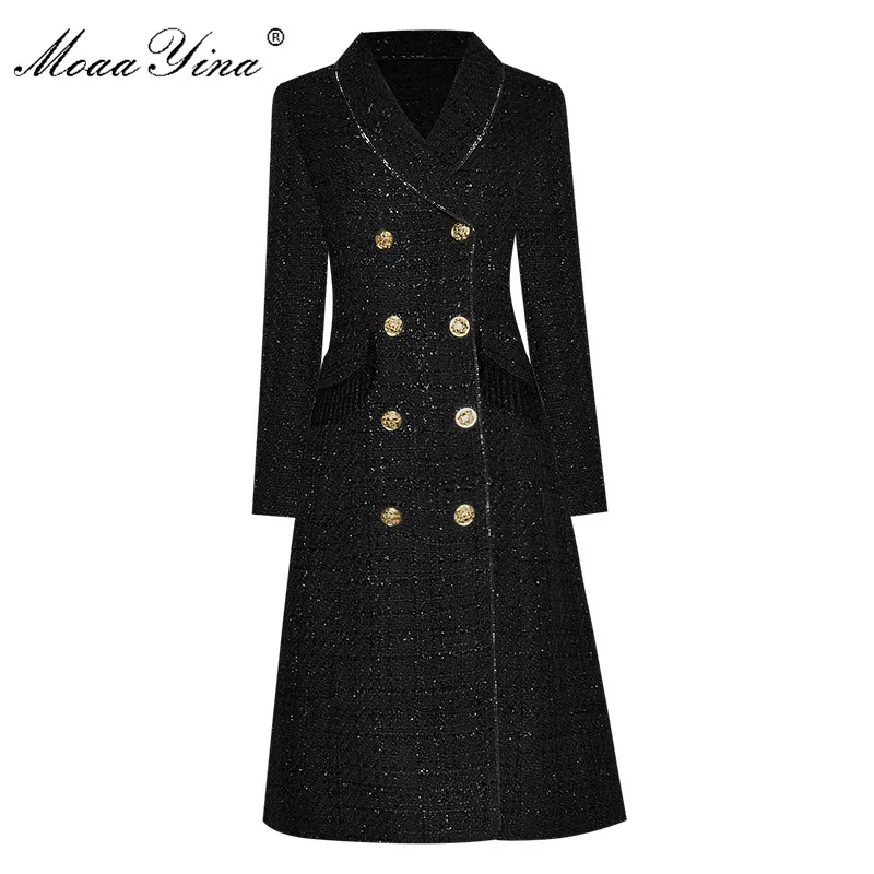 

MoaaYina Fashion Designer Woolen cloth Windbreaker Overcoat Autumn Women Double breasted Beaded Tassel Long sleeve Overcoat