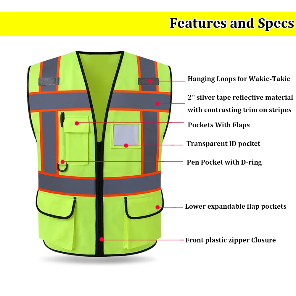 High Vis Safety Vest Fluorescent Yellow Gilet Construction Traffic Worker Workwear Printing for Over 5 Pieces