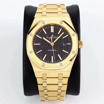 

Classic New Men Watch Stainless Steel Automatic Mechanical 18k Yellow Gold Blue Black Sapphire Royal Back See Through Oaks