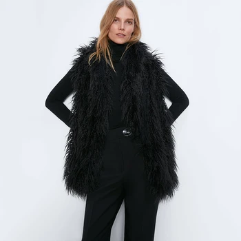 

ZA Winter New Faux Fur Vest 2019 Ladies Black Stand Collar Sleeveless Casual Loose Long Warm Jacket Fashion Gift Wholesale