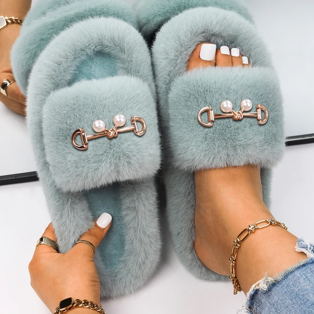 Fluffy Slippers Women Crystal Flower Decor Furry Sandals Elegant Ladies Home Flip Flops Faux Fur Slides Luxury Designer Shoes Blue9