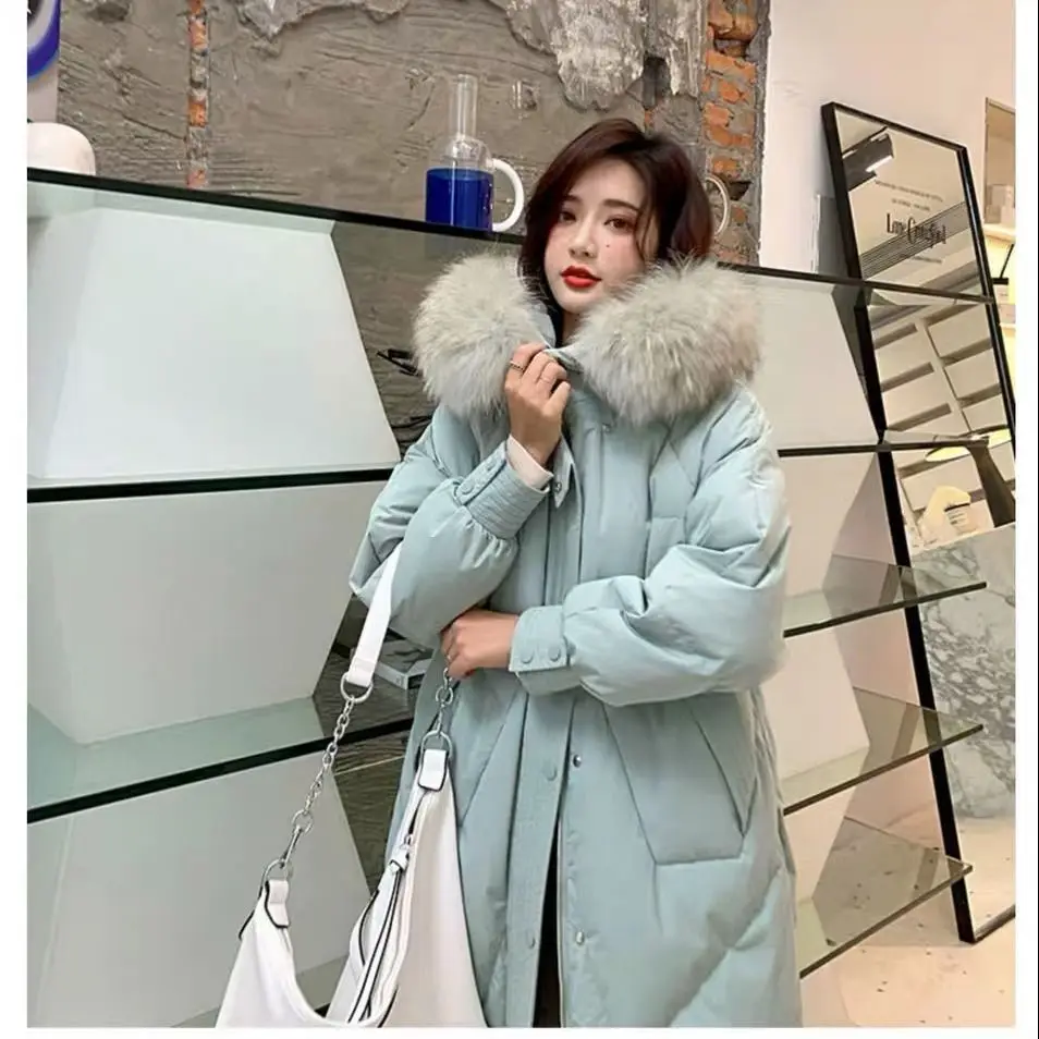 Bella Philosophy Wonder new Solid Warm Down Coat Lady Raccoon Fur Collar Elegant long Outwear Female White Duck Down Coats