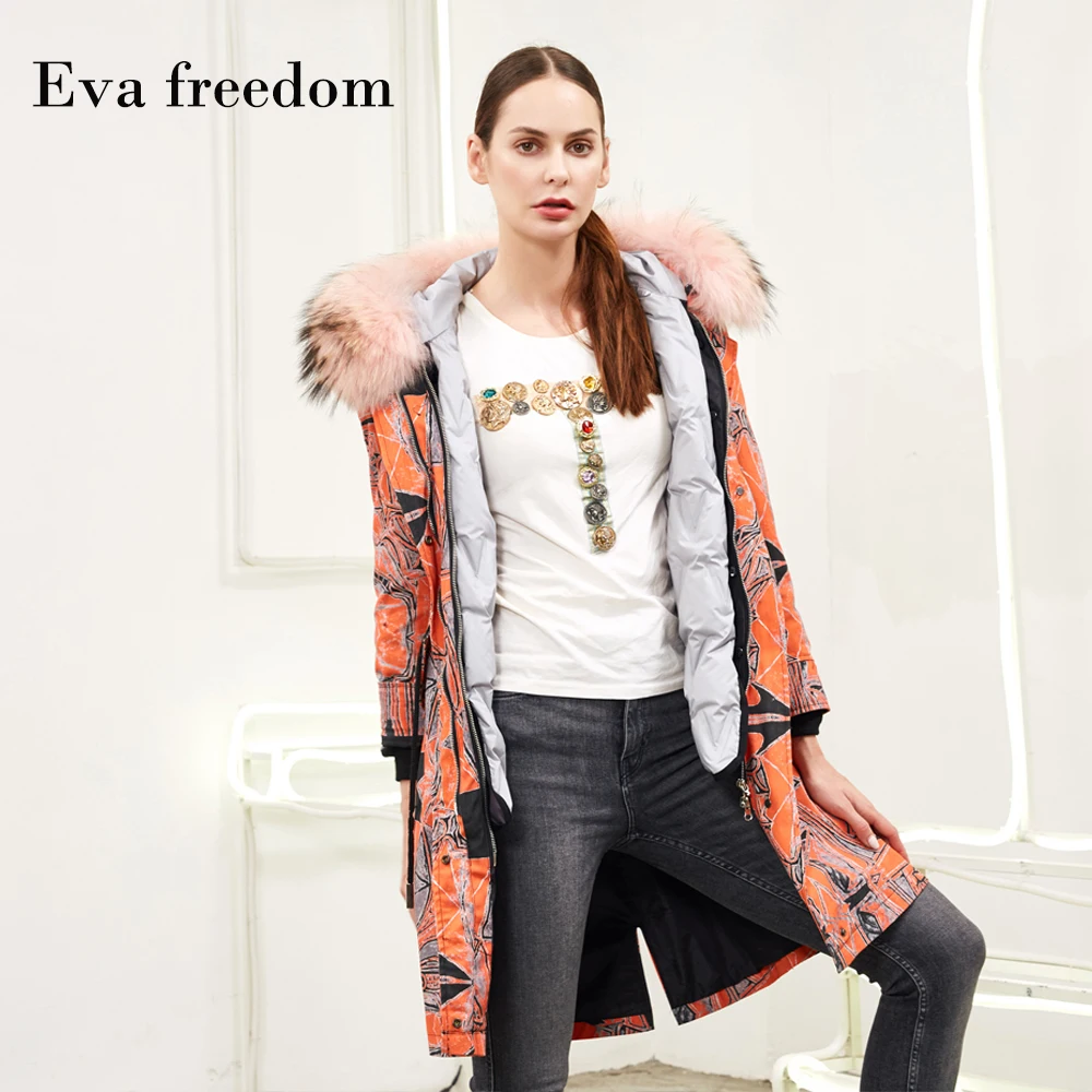 Eva Vrijheid 2019 Europese en Amerikaanse Nieuwe Mode High-end Echt Bont-kraag Parker Down Jurk Vrouwelijke